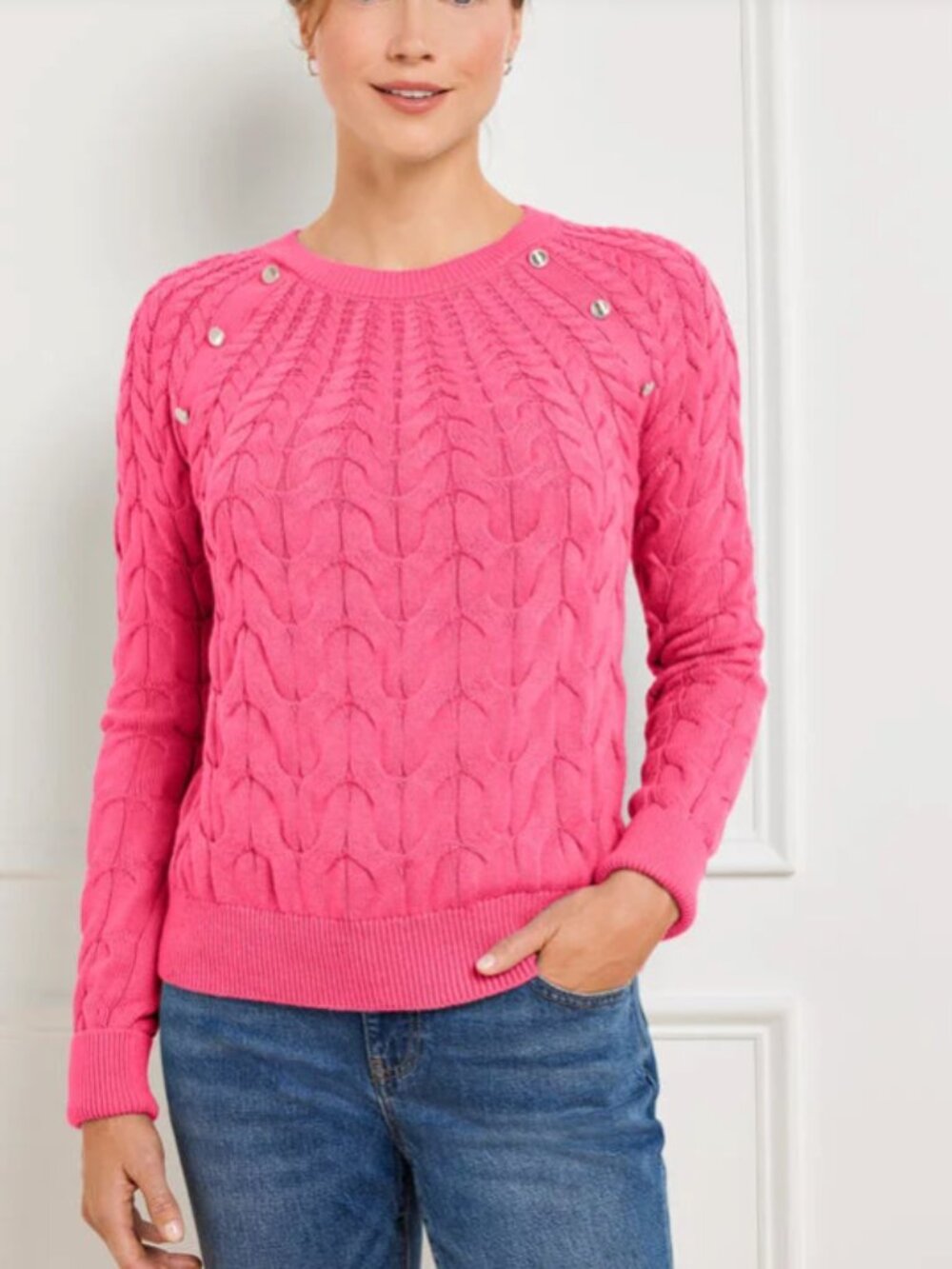 Talbots Pretty Pink Button Raglan Cable Knit Sweater Preppy Old Money Sz Large